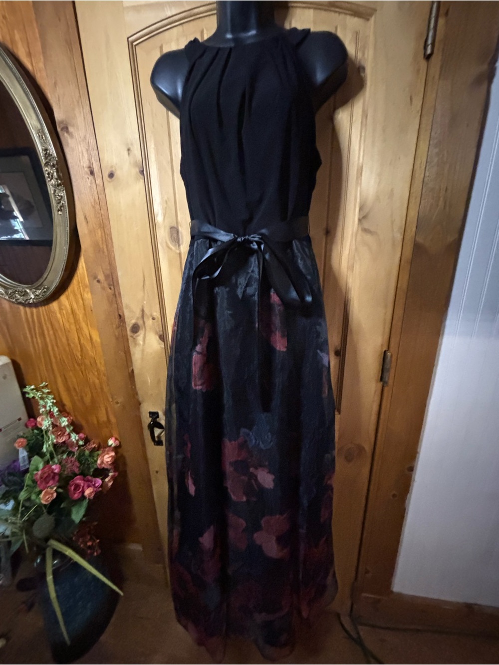 S.L. Fashions Black Maxi Dress with Burgundy Floral Skirt